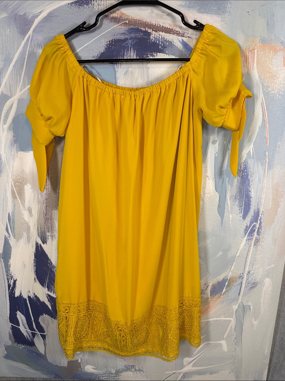 Lulus Yellow Off Shoulder Mini Dress XS Crochet Lace Hem Boho